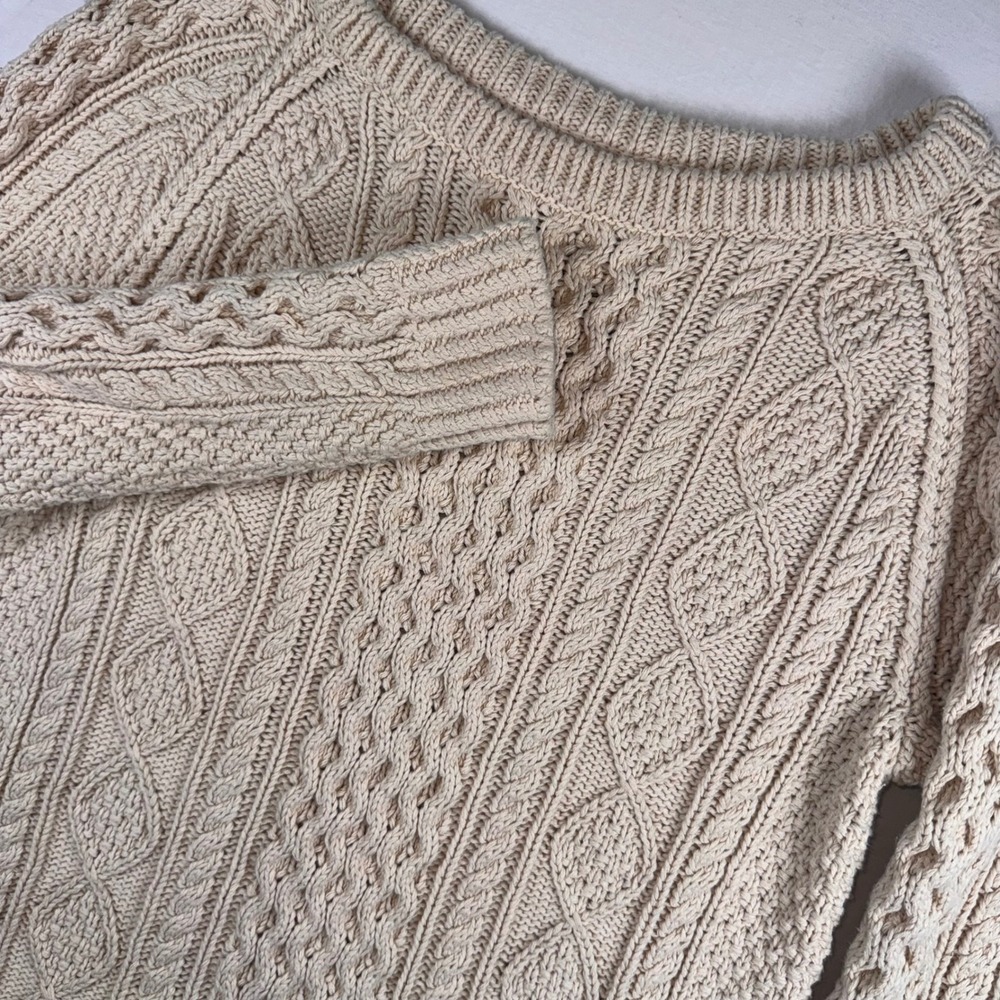 LL Bean Signature Cable Knit/Fisherman Sweater S Cream Side Zip Cotton 297470